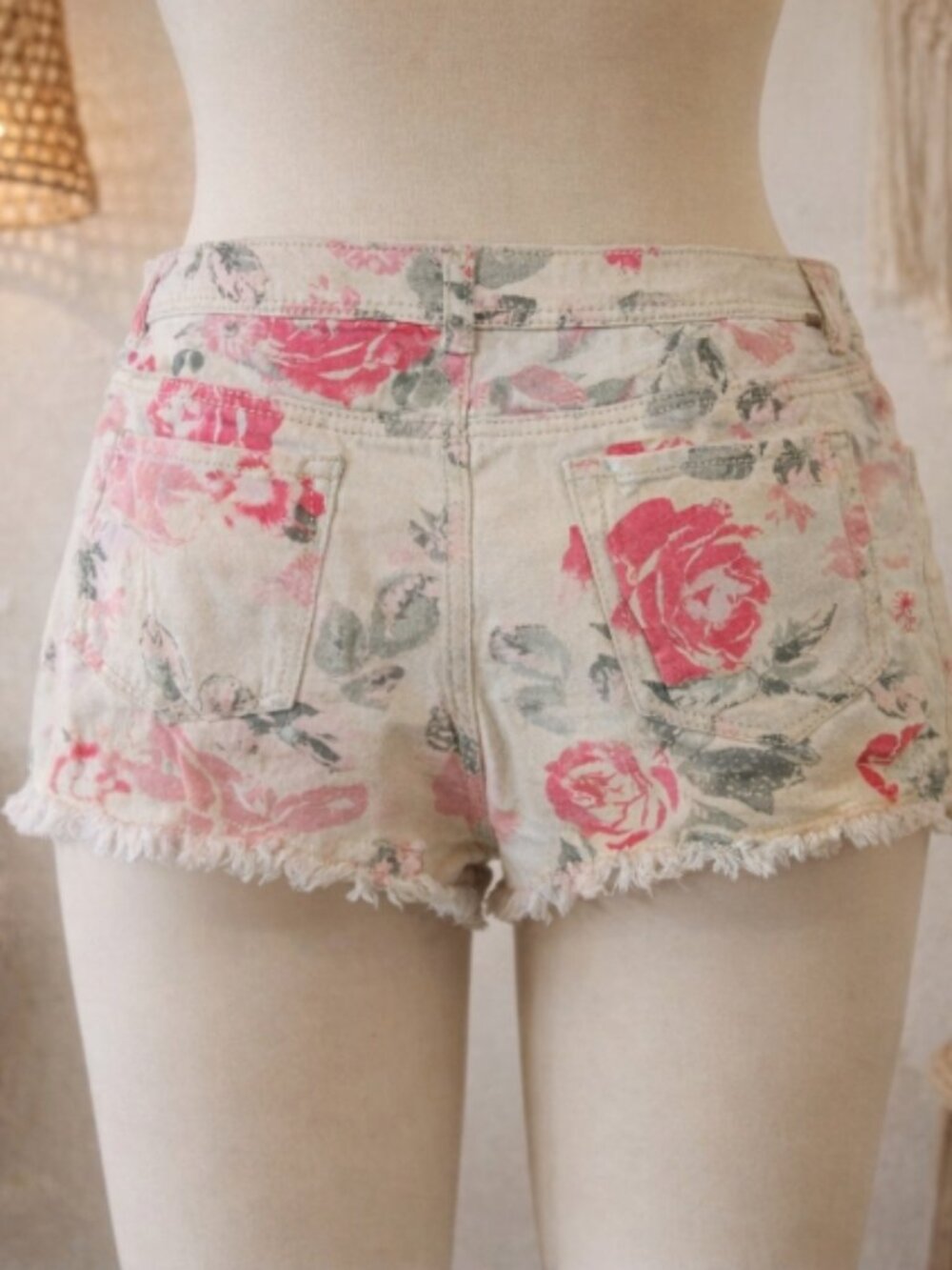 Almost Famous Floral Denim Cutoff Shorts 13 Junior Boho Y2K Pink Rose Frayed Hem